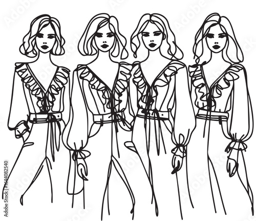 Four Girls in blouse with ruffles and pants illustration. Fashion line doodles sketch