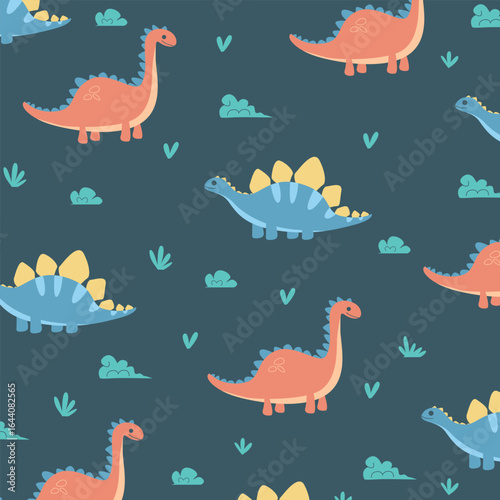 dinosaur brontosaurus and stegosaurus seamless pattern cartoon vector design for kids apparel fullprint fabric