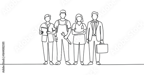 Labor Day illustration featuring clean line art of diverse professionals including healthcare workers, technician with wrench, and businessperson