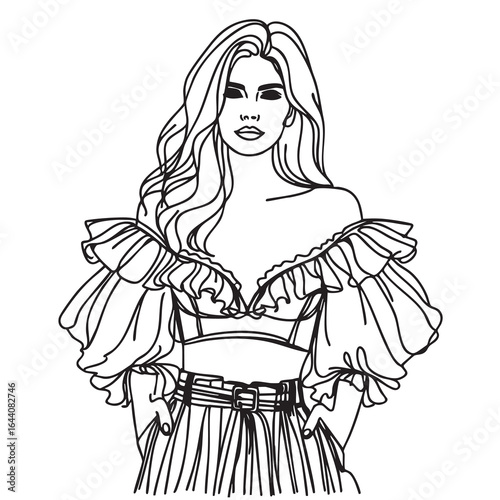 Girls in top with ruffles and pants illustration. Fashion line sketch