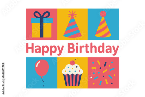 Happy birthday party poster, gift box party hat balloon cupcake vector, festive greeting illustration, celebration card clipart, colorful banner elements