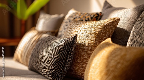 Woven textures of throw pillows in a sunlit living room scene