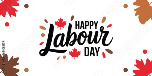 Happy Labour Day Canada greeting card featuring decorative black typography with red maple leaf accents and scattered festive dots and leaves