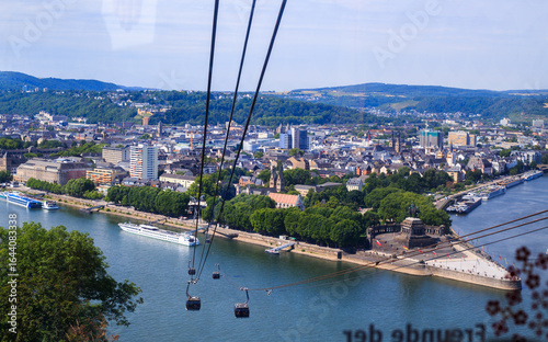 Koblentz, Germany.  View taken from within the cable car. The cable car over the Rhine enjoying views of a city with over 2000 years of tradition at the confluence of the Rhine and Moselle