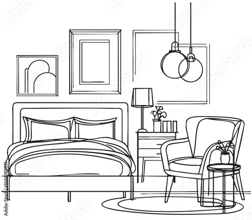 Vector illustration of an outline sketch of a interior. 3D Graphical drawing interior bedroom