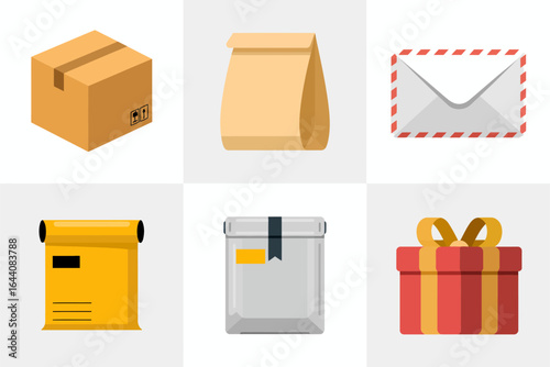 Parcel delivery icons, closed box, paper mailer bag, stamped envelope, courier label, wrapped gift, flat vector, mail service design