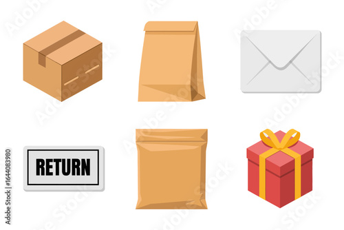 Return package and mail icons, cardboard box, paper bag, letter envelope, return label, poly mailer, gift present, vector collection