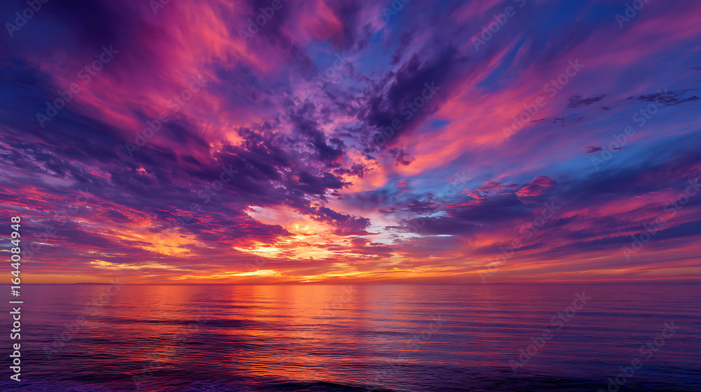 Fototapeta premium Fiery purple and pink clouds over calm ocean waters at sunset image