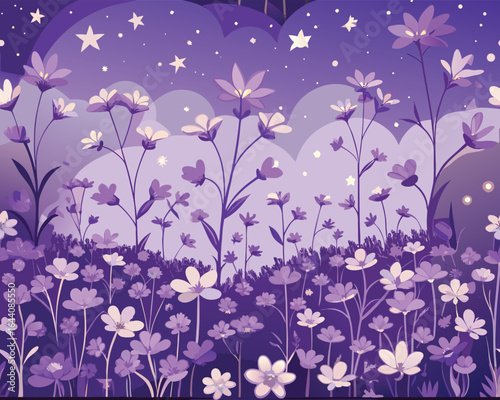 A field of delicate amethyst flowers with vibrant colors and intricate details