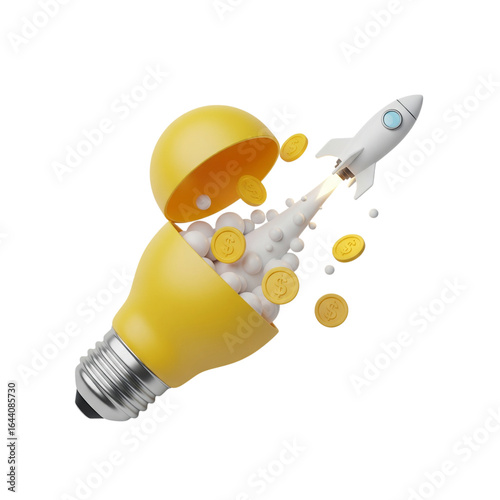 A rocket launching from a lightbulb, symbolizing a bright idea generating wealth and a successful startup. Represents innovation, business, and financial growth.