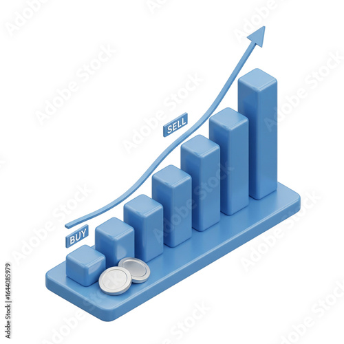Financial bar chart showing upward growth with buy and sell indicators, symbolizing a successful investment and a profitable stock market on transfer background.