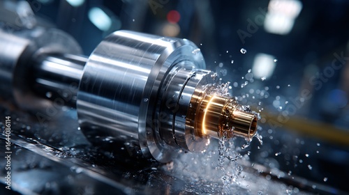 Dynamic close-up of a rotating metal part with water splashes in industrial machinery, highlighting precision engineering.