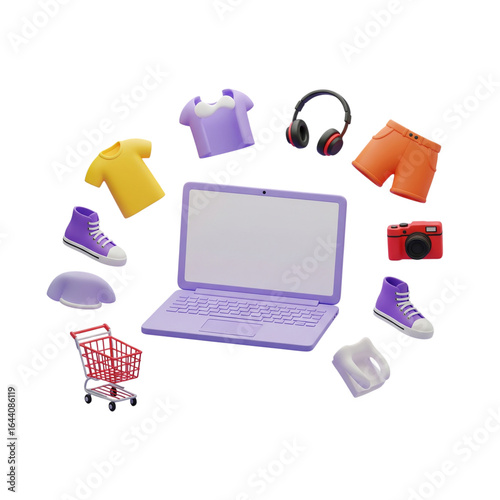 Digital shopping with laptop, clothes, headphones, and camera. Online shopping, e-commerce, digital marketplace, technology, retail, fashion, electronics, and consumerism on transfer background