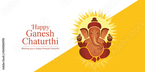 Happy Ganesh Chaturthi greeting card featuring radiant yellow-white background, Lord Ganesha with raised hands, and bilingual festive wishes