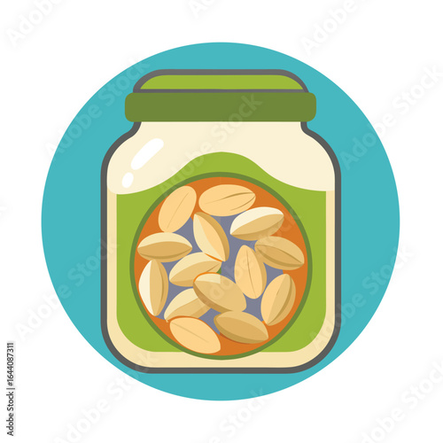 Glass jar filled with pistachios, vector icon on a white background.