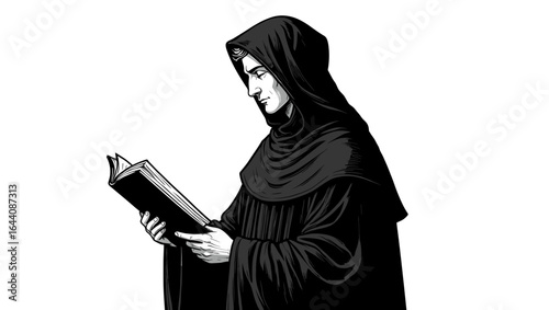 A contemplative figure in a dark robe reading a book, exuding wisdom and mystery
