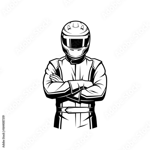 Confident Racing Driver in Protective Gear with Arms Crossed, Ready for Competition