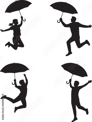 Four Silhouettes of People Jumping with Umbrellas black and white 1