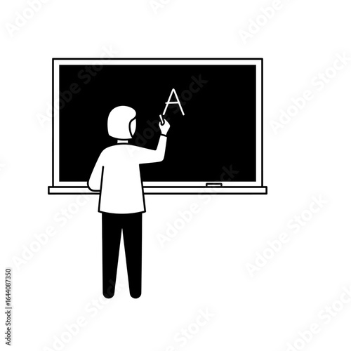Teacher Writing Letter A on Chalkboard in a Classroom Illustration for Educational Purposes