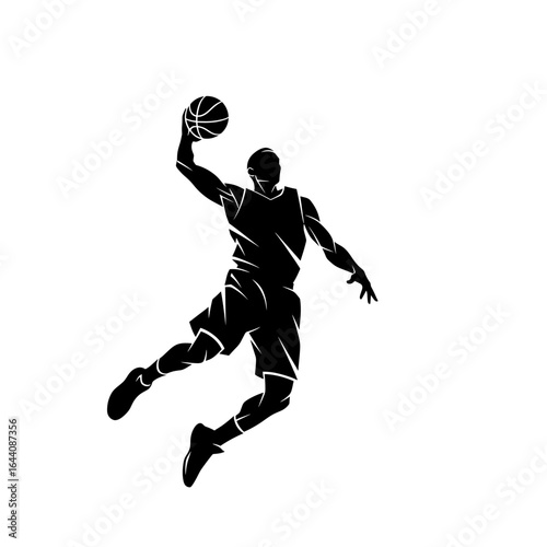 Dynamic basketball player performing a powerful slam dunk in a minimalist black and white design