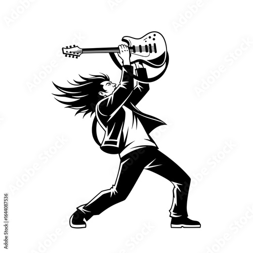 Dynamic Rock Musician Performing with Electric Guitar in a Bold, Energetic Pose for Illustration