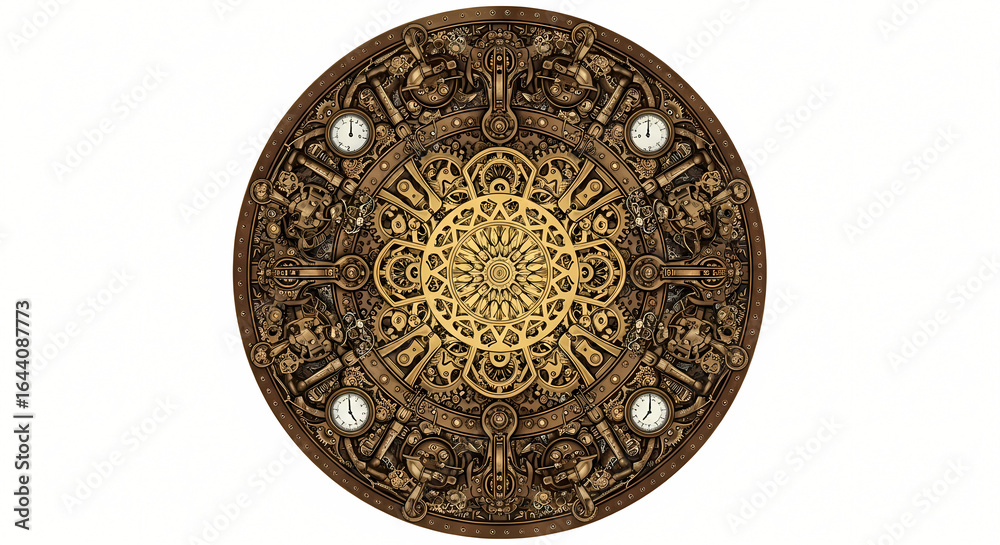 Detailed Steampunk Brass Mandala with Gears, Clockwork, and Decorative Elements