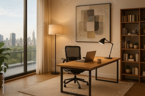 Modern Home Office with Wooden Desk and City Skyline View – Minimalist Decor
