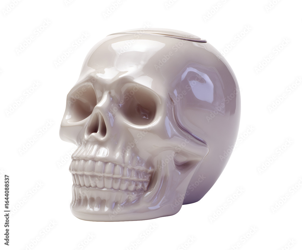 Obraz premium A close-up of a shiny, ceramic skull isolated on a dark background.