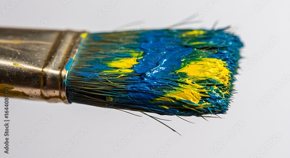 Fototapeta premium Close-up Macro Shot of a Paintbrush Bristles Covered in Vibrant Yellow and Blue Paint