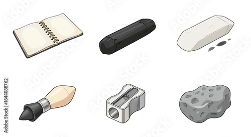 Art Supply Essentials Realistic Rendering of Sketchbook Pencil Eraser Brush Sharpener and Sponge Isolated on Transparent Background