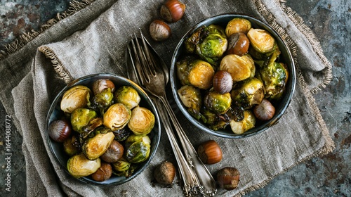 Roasted Brussels sprouts and chestnuts styled in enamel bowls, placed on a textured kitchen towel with rustic cutlery