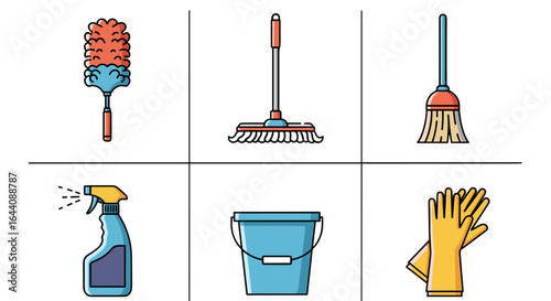 Collection of Cleaning Tools and Supplies for Home Housekeeping and Janitorial Services