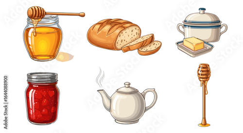 Freshly Baked Bread Jar of Cherries Steaming Teapot Honey Pot Butter Dish isolated on transparent background