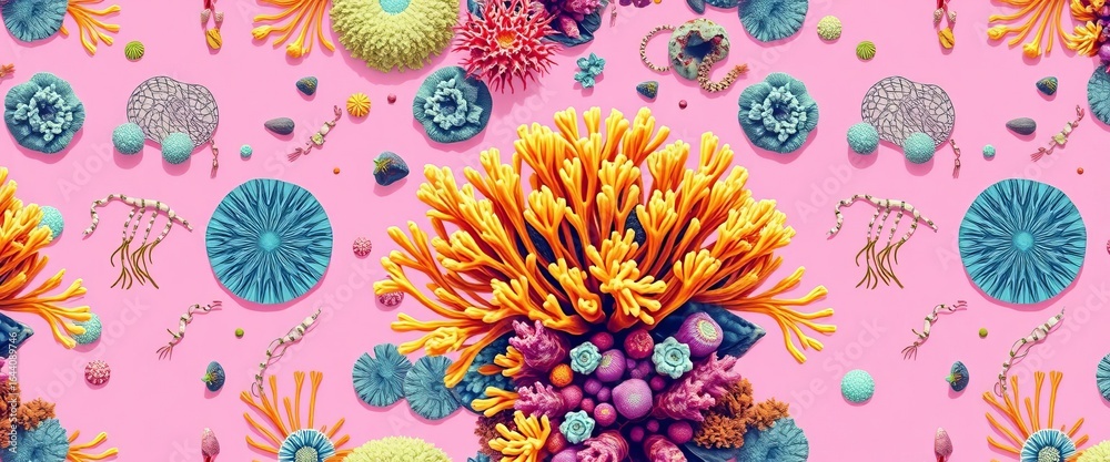 Vibrant coral reef seamless pattern with algae, polyps, and seaweed on a pink background, vector, digital Vibrant coral reef seamless pattern with algae, polyps, and seaweed on a pink background, vector, digital