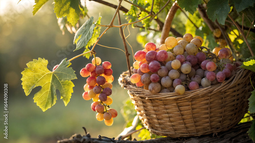 shows a cluster of red grapes hanging from a vine and another cluster of mixed red and white grapes in a wicker basket, set against a blurred background of a vineyard at sunset.