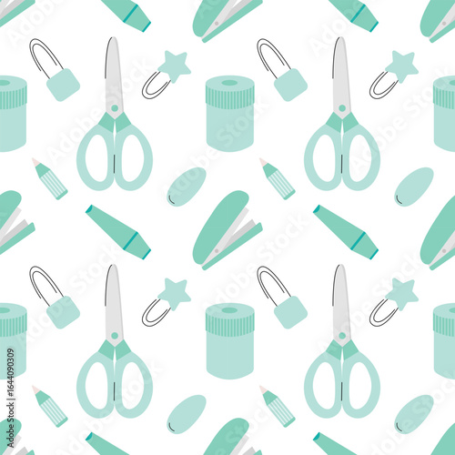 Stationery in turquoise color vector seamless pattern. School supplies flat pattern on white background