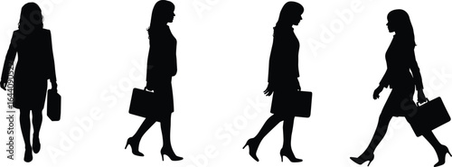 Silhouette of businesswoman walking, briefcase in hand, professional attire, motion sequence, vector illustration, cad drawing, flat design, stock image