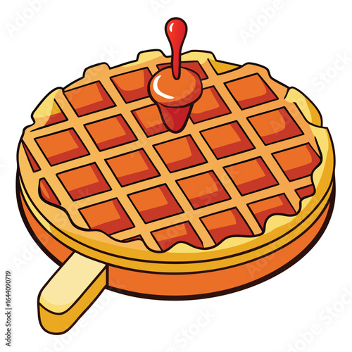 Sweet treat A delicious waffle on a stick drizzled with syrup on a white background