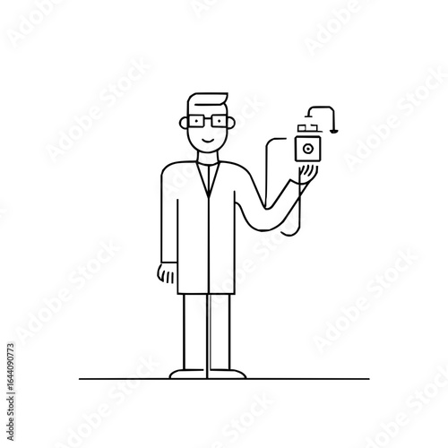 Scientist in lab coat holding device with arrow in a minimalist line art style illustration drawing