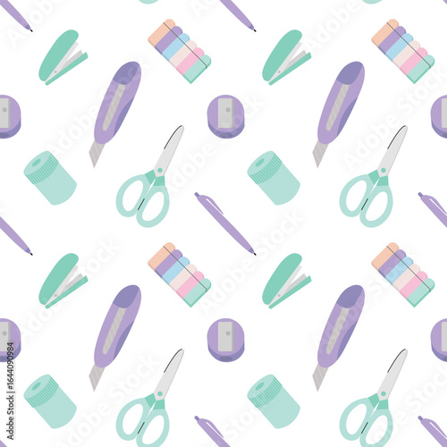 Office stationery seamless pattern. Vector office supplies flat pattern