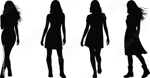 Silhouette of stylish women walking, standing, blowing hair, boots, dress, fashion pose, vector art, cad drawing, flat illustration