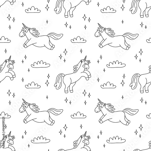 Hand drawn unicorn seamless pattern. Doodle vector unicorns and clouds on white background
