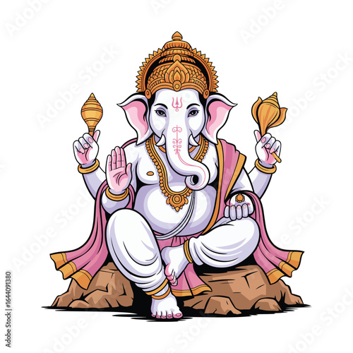 Ganesh Chaturthi greeting card featuring Lord Ganesha seated on rock with conch, lotus, modak, blessing gesture, and traditional jewelry