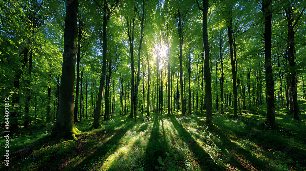 Obraz premium Sunlit green forest with tall trees and dappled shadows sunlight