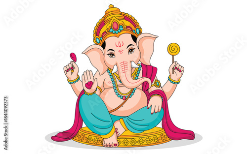 Ganesh Chaturthi greeting card featuring Lord Ganesha seated on lotus, holding modak and symbolic items, dressed in festive traditional attire