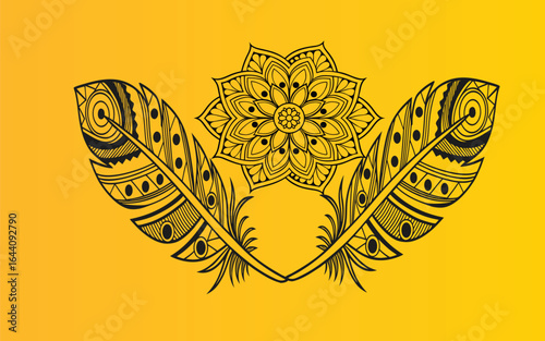 Golden feathers on dark background