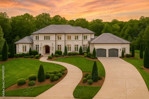 Luxury Estate with Grand Driveway and Manicured Landscaping. Mansion Surrounded by Greenery