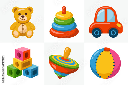 Preschool play icon set, teddy bear stacking rings toy car spinning top beach ball vector, cute kids toy illustration, kindergarten clipart, early learning design