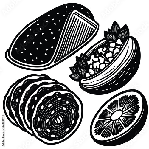 Adobe Illustrator Artwork Burritos wraps with beef and vegetables on black background. Beef burrito, mexican food
