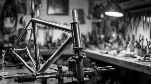 Focused medium shot of steel bike frame clamped in a workshop showing intricate lug connections and discbrake mounts being brazed while blurred tools and workbench provide a